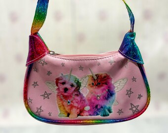 Y2K Claires Club Regenbogen Glitzer Umhängetasche, Pink Puppy Kitty Einhorn Geldbörse, Fairycore Kinder Mini Handtasche, süße 2000er Jahre Club Kinder Geldbörse