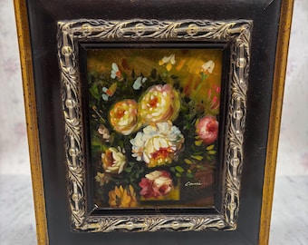 Vintage Floral Oil Painting, Ornate Gold Black Frame, Signed Still Life Wall Art