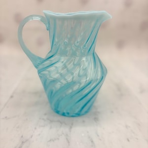 Vintage Fenton Glass Pitcher – Blue Opalescent Swirl, Handled Jug, 8” Tall, Signed
