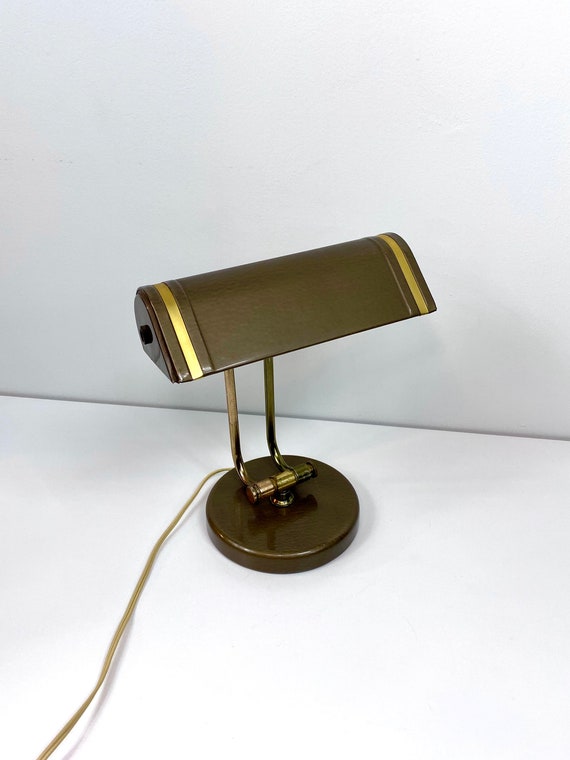 Mid Century Metal Desk Lamp Olive Green And Gold Brass And Etsy