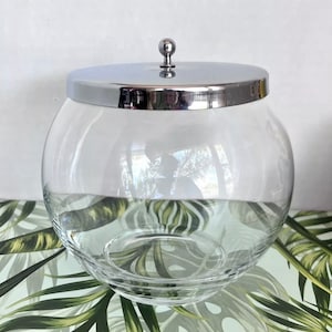 Vintage Mid Century Glasco Chrome Clear Glass Apothecary Jar With Lid 5” Kitchen Canister