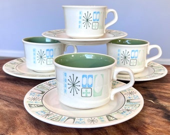 Vintage 60’s Taylorstone Cathay MCM Atomic Starburst Cup And Saucer Set Of 4 Teacups Coffee