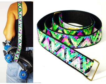 Skate Carry Strap Holographic Skate Leash with Pink and Neon Green ZigZag