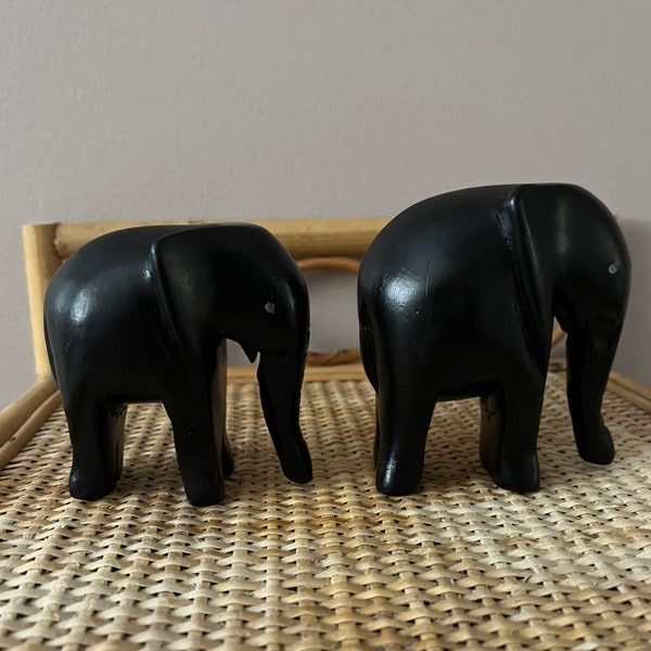 Elephants wood sculpture black hand carved paint
