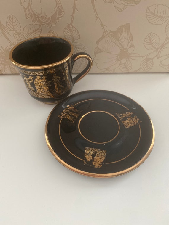 ヴィンテージ24Kゴールドティーカップ＆ソーサー：手作りギリシャ風