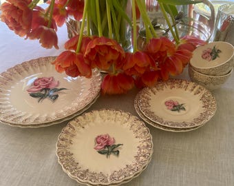 Conjunto de Jantar Le Fleur Rouge Rose / Conjunto de 8 peças / Conjunto de porcelana banhada a ouro 22K