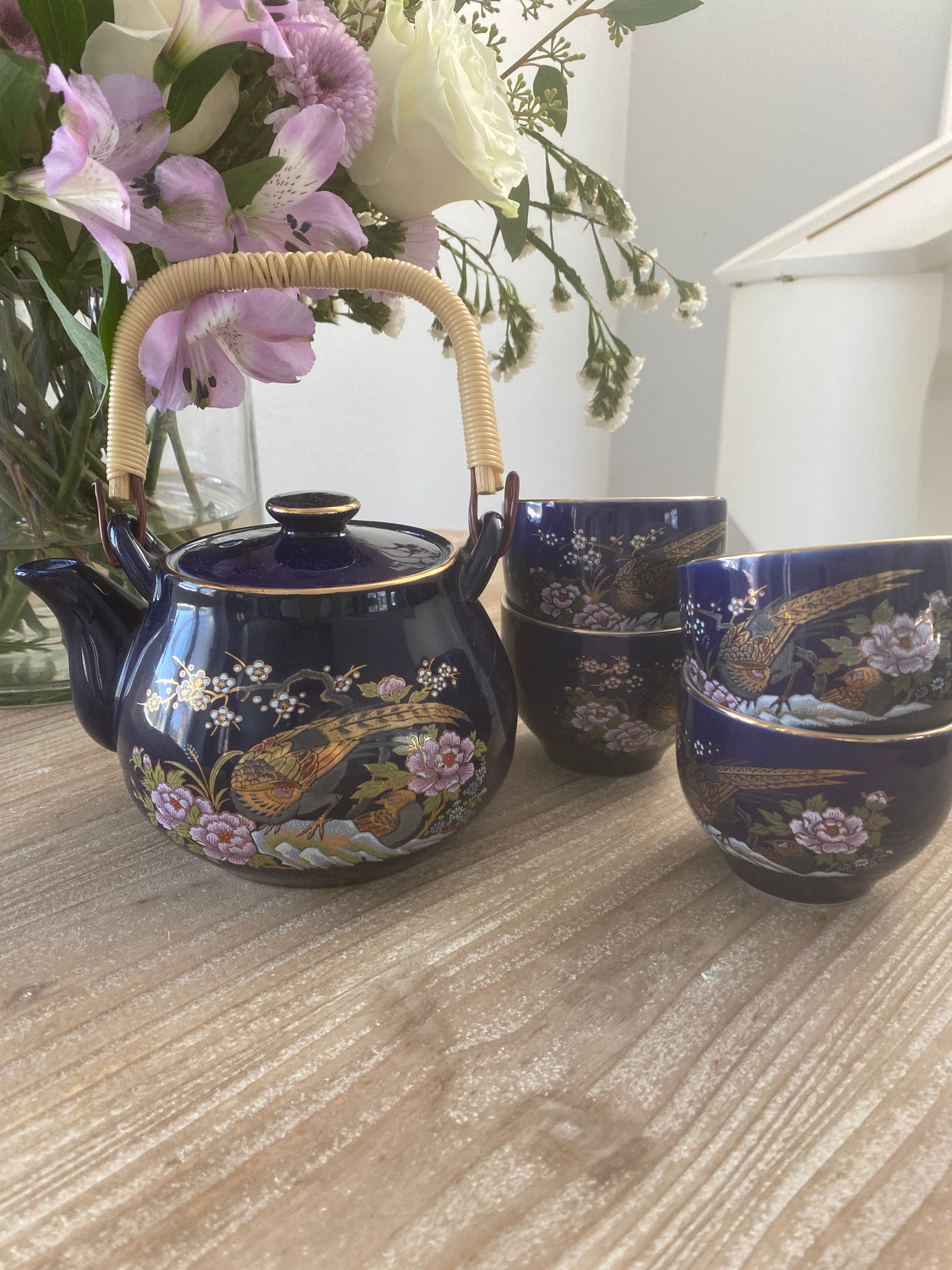 Vintage Japanese Tea Set / Teapot and Teacups / Navy Floral / Etsy