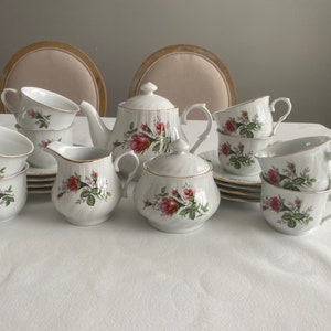 Rose Print Tea Set / Floral Teapot / Sugar and Creamer / Teacup and Saucer