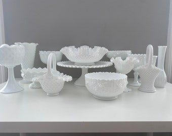 Vintage Milk Glass Collection / Cake Stand / Vases / Compotes / Wedding / Bridal Shower / Centerpiece/ / Party Decor / Home Decor