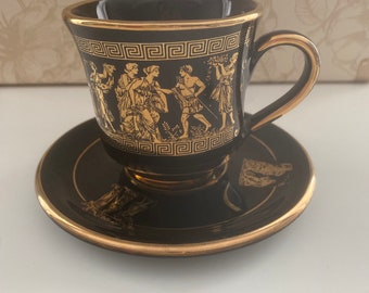 Vintage 24K Gold Teacup and Saucer / T Dagounis / Hanmade in Greece / Black and Gold Teacup