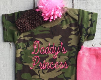 Camo Baby Clothes, Baby Camo Outfit, Baby Girl Clothes, Daddy's Princess, Embroidered Bodysuit, Hair Accessories,  Baby Shower Gift