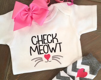 Baby Girls Clothing, Baby Girl Outfit, Check Meowt, Embroidered Bodysuit, Baby Girl Clothes, Baby Leg Warmers, Baby Shower Gift