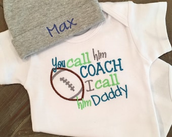 Baby Boy Clothes, Baby Boy Outfit, You Call Him Coach I Call Him Daddy, Embroidered Bodysuit, Baby Hat, Baby Shower Gift