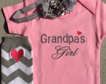 Baby Girl Clothes, Baby Girl Outfit, Grandpa's Girl, Embroidered Bodysuit, Leg Warmers, Hair Accessories, Grandparents Gift