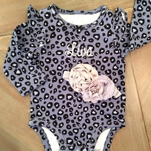 Embroidered Leopard Baby Bodysuit: Monogrammed Long Sleeve, Headband Set