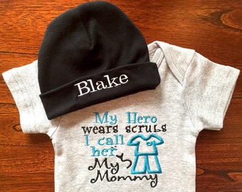 Embroidered Outfit, Baby Boy Clothes, Baby Boy Bodysuit, Baby Shower Gift, My Hero Wears Scrubs,  Monogrammed Baby Hat, Paci Clip