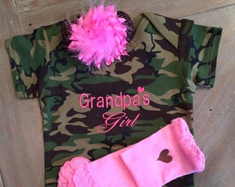 Baby Camo Girl, Camo Baby Outfit, Baby Girl Clothes, Grandpa's Girl, Hair Bow, Embroidered, Baby Shower Gift