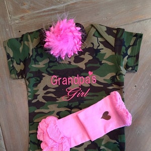 Baby Camo Girl, Camo Baby Outfit, Baby Girl Clothes, Grandpa's Girl, Hair Bow, Embroidered, Baby Shower Gift