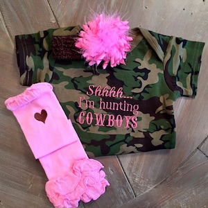 Camouflage Clothing, Cowboy Theme outfit, Baby Girl Camo, Baby Girl Clothes, Baby Girl Outfit, Shh I'm Hunting Cowboys, Embroidered Bodysuit