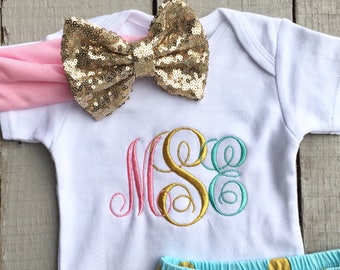 Monogrammed Bodysuit, Baby Girl Clothes, Baby Girl Ruffle Bloomers, Sequin Headband, Baby Girl Clothing Set, Baby Gift, Embroidered