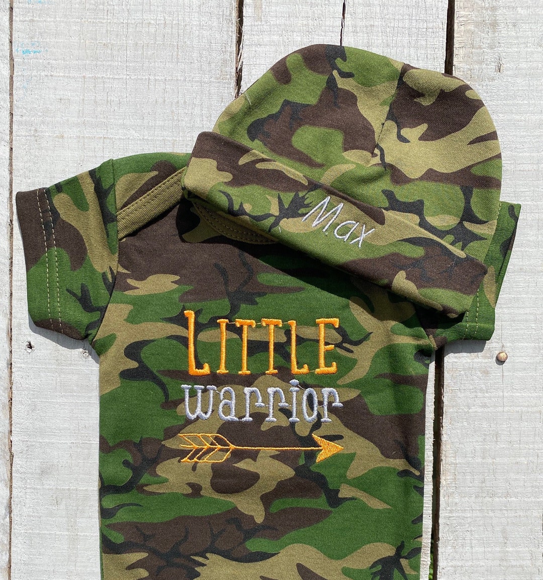 Camo Baby Outfit, Little Warrior Camo Bodysuit and Baby Hat, Camo Baby