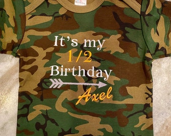 Camo 1/2 Birthday Bodysuit, Baby Boy Half Birthday Outfit, Camo Baby Clothes
