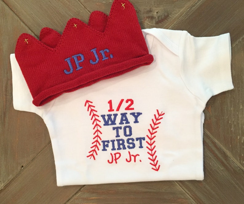 Baby Boy Clothes, Half Birthday Outfit, Personalized Crown, Embroidered Bodysuit image 1