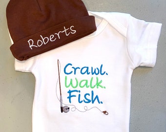 Fishing Baby Clothes, Baby Boy Clothes , Crawl. Walk. Fish., Fishing Bodysuit, Embroidered Gift, Bodysuit, Baby Shower Gift