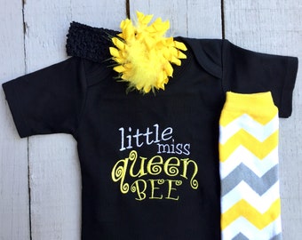 Little Miss Queen Bee, Embroidered Bodysuit, Baby Leg Warmer, Baby Shower Gift, Baby Girl Clothes