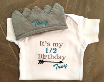 Half Birthday Outfit, Embroidered Outfit, Personalized Birthday Crown, Half Birthday Bodysuit, Baby Boy Clothes