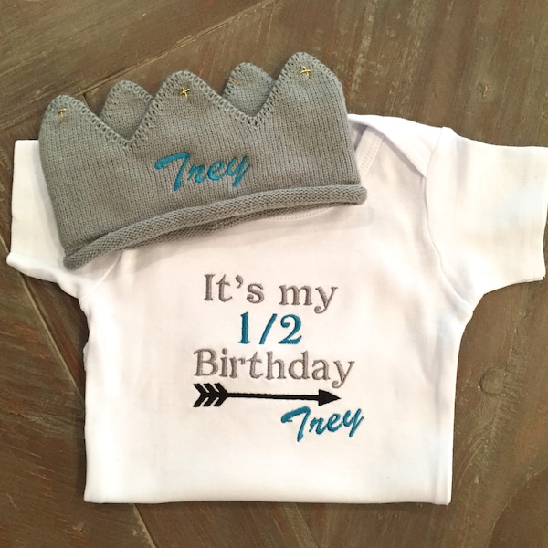 Half Birthday Outfit, Embroidered Outfit, Personalized Birthday Crown, Half Birthday Bodysuit, Baby Boy Clothes