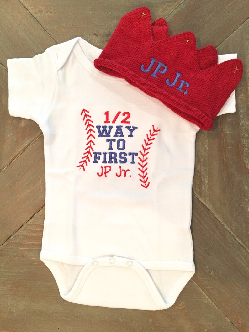 Baby Boy Clothes, Half Birthday Outfit, Personalized Crown, Embroidered Bodysuit image 3