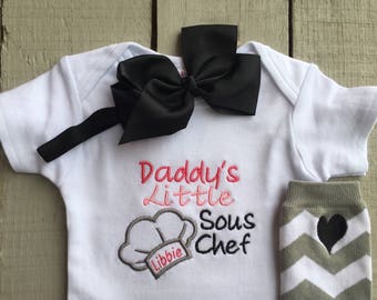 Baby Girl Clothes, Daddy's Little Sous Chef, Personalized Chef Hat, Embroidered Bodysuit, Baby Gift, Baby Girl Outfit, Baby Leg Warmer