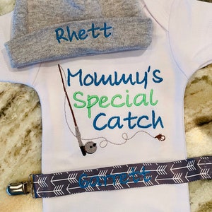 Roupas de bebê menino, roupas de pesca para bebê, roupa de bebê menino, captura especial da mamãe, body bordado, presente para bebê, bebê menino da mamãe