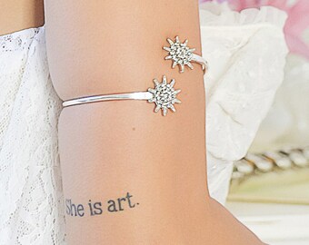 silver arm band · starburst armlet · crystal bridal cuff · sunburst wrap bracelet · bridesmaids gifts · bohemian brides · winter weddings