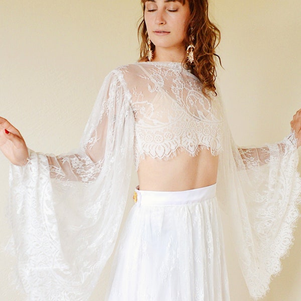 lace bell sleeve top, chantilly lace bridal coverup, angel wing blouse, black or white eyelash wedding midriff crop top, sheer long sleeve