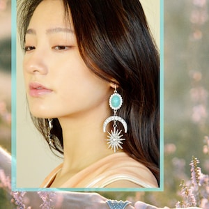 turquoise wedding earrings, silver celestial jewelry, bridal dangle, sun moon stars earrings, crystal rhinestone blue brides boho bridal