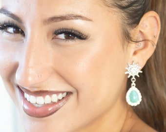 delicate silver star wedding earrings · turquoise teardrop bridal jewelry · crystal pave rhinestone · starburst celestial dangles · brides