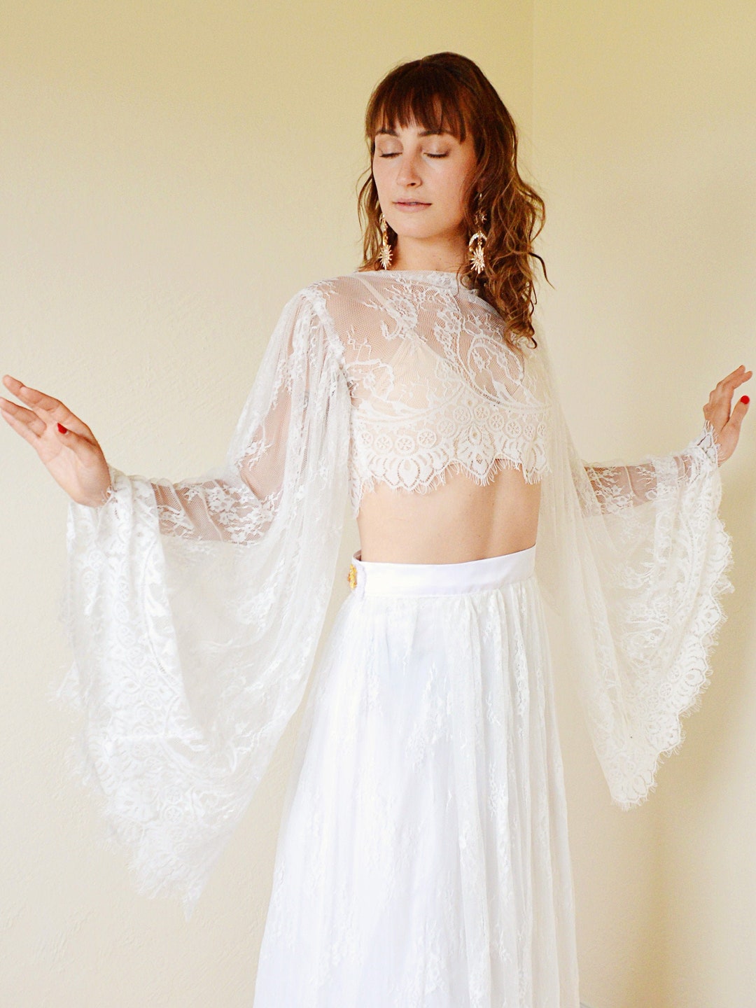 Lace Bell Sleeve Top, Chantilly Lace Bridal Coverup, Angel Wing Blouse,  Black or White Eyelash Wedding Midriff Crop Top, Sheer Long Sleeve 