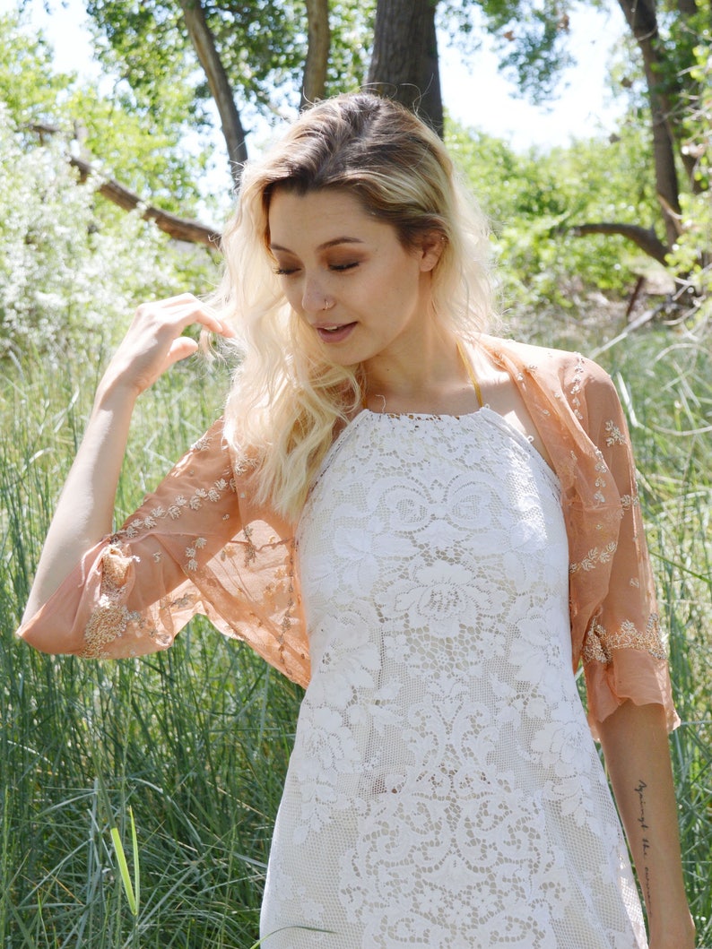 wedding coverup formal evening jacket indian wedding light orange bolero bridal jacket embroidered jacket peach wedding shrug