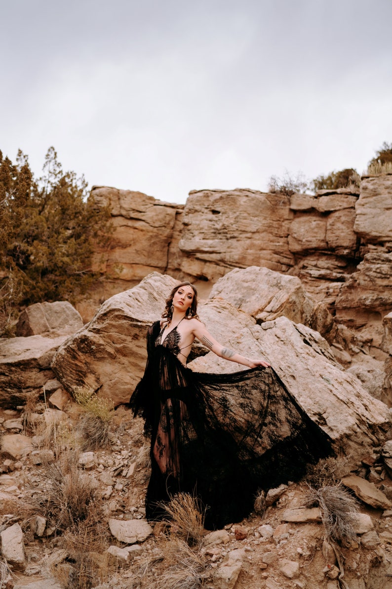 black wedding gown, gothic lace bridal gown, lace dress, alternative bride, deep v halter neck, backless gown, elopement maternity image 9