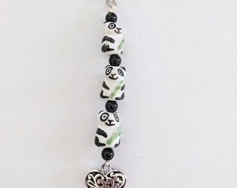 Panda Bear Fan Pull: Glass Beads & Heart Charm