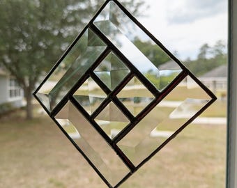 Geometric Stained Glass Suncatcher: Sparkling Bevels, Winter Home Decor