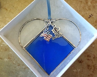 Soldier or Veteran, Stained Glass Heart Suncatcher, I Love My Soldier, Patriotic, Glass Heart Window Hanging