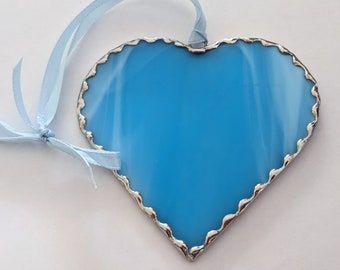 Blue Stained Glass Heart Suncatcher - Handmade Scalloped 4 Inch
