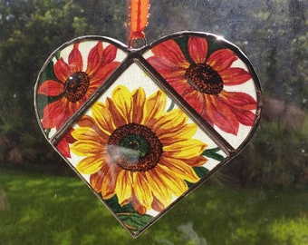 Orange "SEE THRU" Sunflower Stained Glass Heart Suncatcher with  Orange Flower Fabric, Beveled Glass Heart Window Hanging