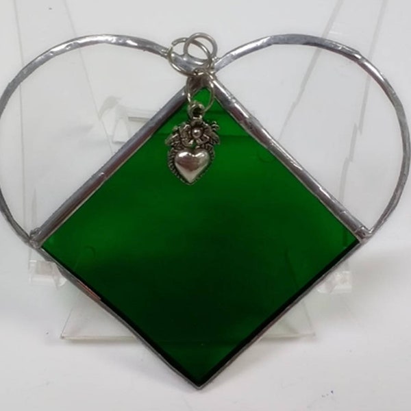 Friend Gift, Stained Glass Emerald Green Heart Suncatcher, Choose Your Color and Charm