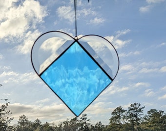 Light Blue Stained Glass Heart Suncatcher with Bevels - 7 Inch
