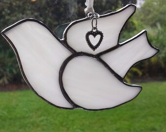 White Stained Glass Bird Suncatcher Wedding, Baptism, Confirmation Gift, Choose Charm and Color