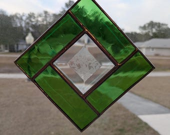 Geometric Stained Glass Suncatcher: Green Textured Window Panel with Bevel